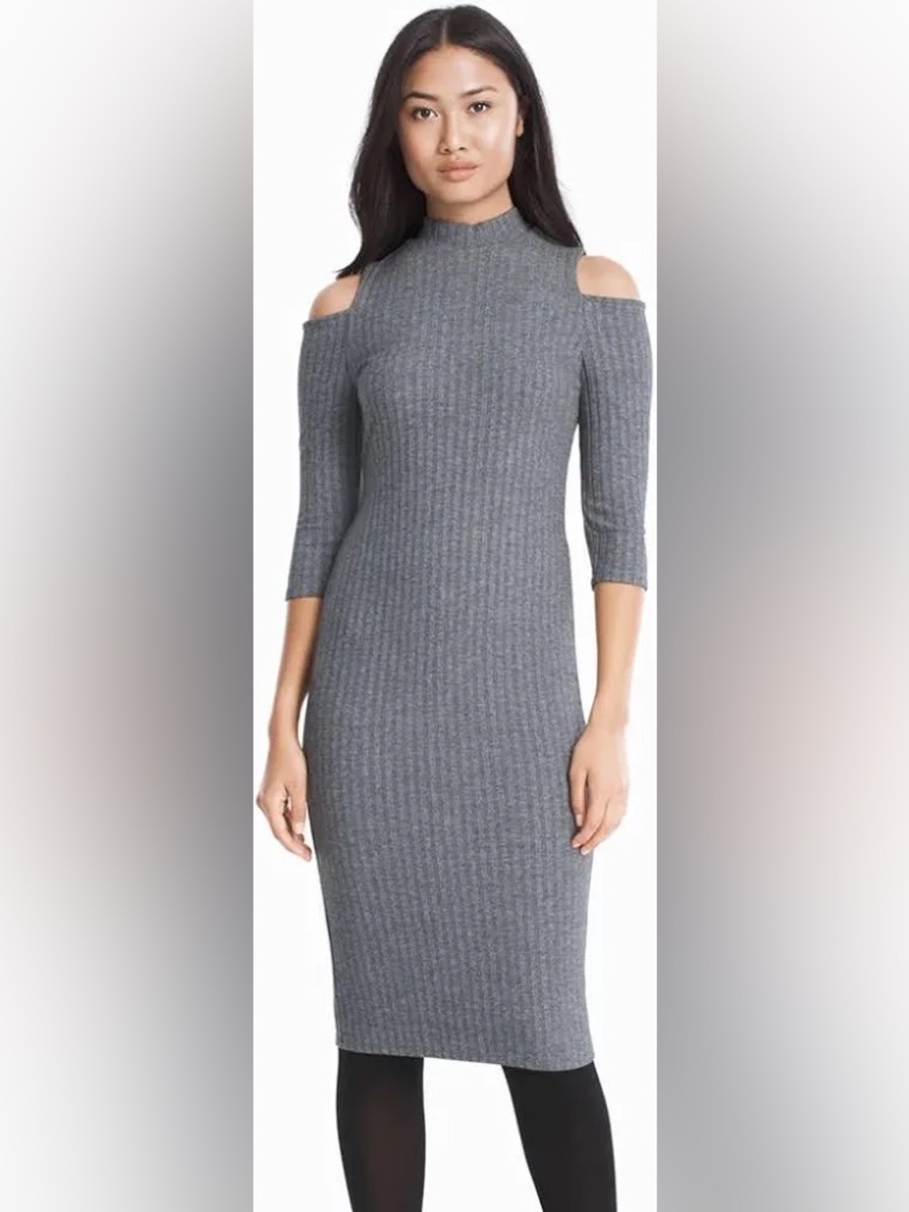 White House Black Market Cold-Shoulder Rib Knit Midi Dress in Gray Size Small